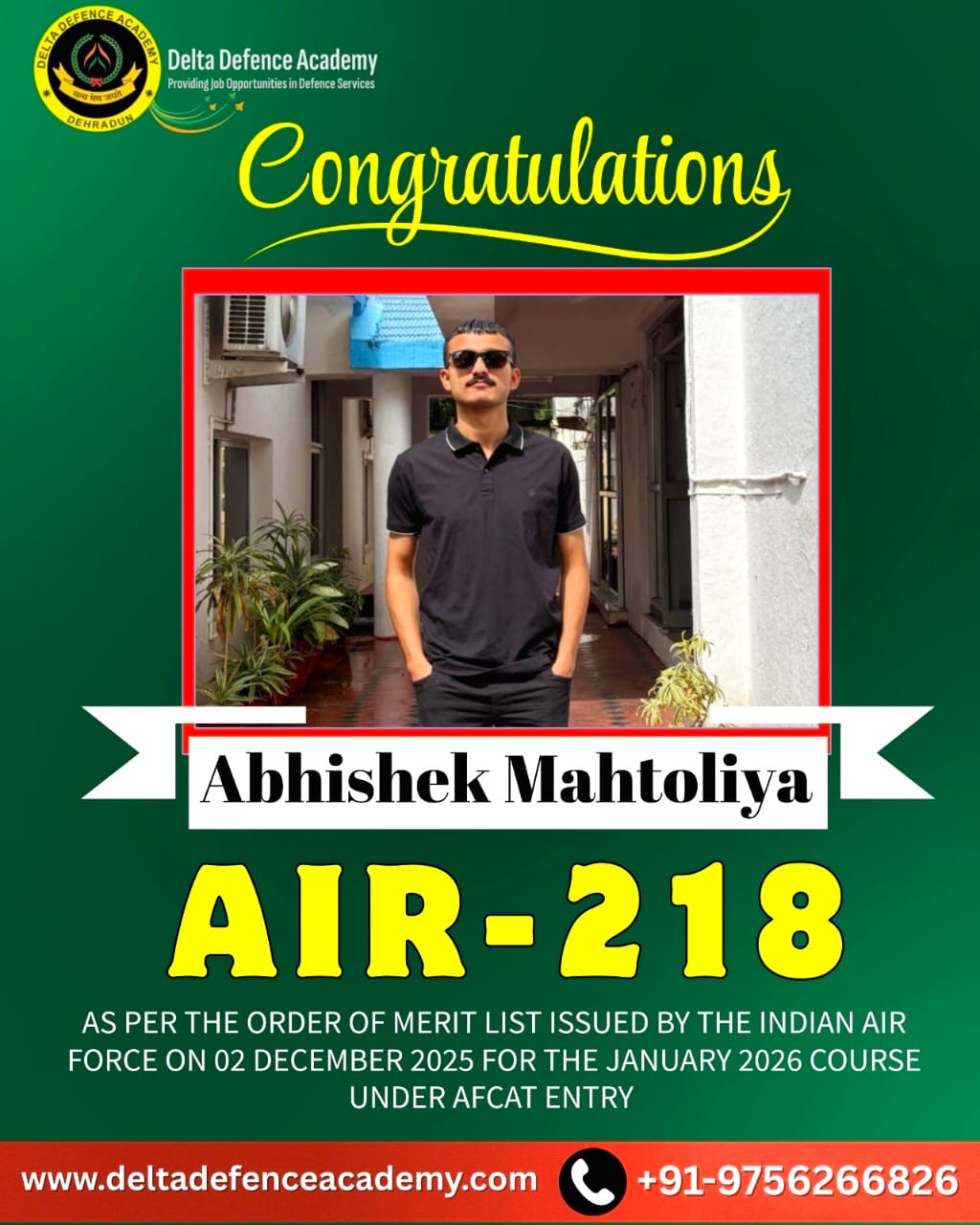 Congratulatyions Abhishek Mahtolia - AIR 218 - India Airforce - Delta Defence Academy Dehradun